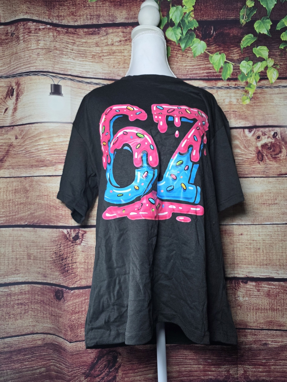 NWOT Black Graphic Tee with Bright Pink & Blue '67' Design